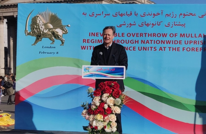 Matthew Offord MP addressing the Iranian Freedom rally in Trafalgar Sqaure, central London